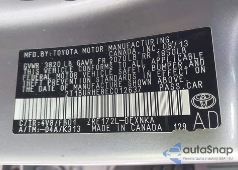 2014 Toyota Corolla Le из США, поврежденный, VIN 2T1BURHE8EC012637